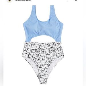 Make Me Chic Girls Blue White Cut Out Polka Dot One Piece Padded Swimsuit 12